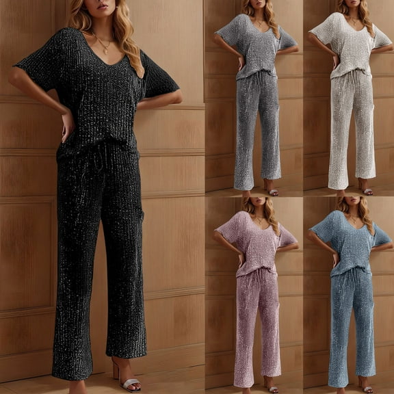 BiZtdJrK 2 Piece Lounge Set Women Ribbed Knit Comfy Sleepwear Outfits V Neck Short Sleeve and Pants Matching Pajama Sets Black XL
