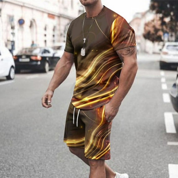 BiZtdJrK 2 Piece Sets for Men 2025 Summer Short Sleeve Tshirts Matching Casual Drawstring Beach Shorts Loose Oversized Digital Print Running Set Back to College Sales Brown XXL