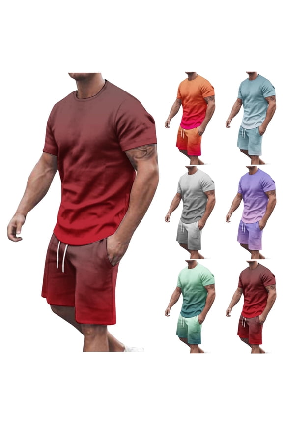 2 Piece Sets for Men 2025 Summer Short Sleeve Tshirts Matching Casual Drawstring Beach Shorts Loose Oversized Gradient Print Running Set Warehouse Sales Today Green 5XL