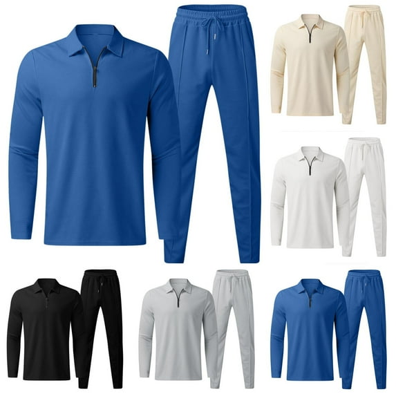 BiZtdJrK 2 Piece Sets for Men Casual Waffle Henley Shirt and Drawstring Waist Pants Tracksuit Solid Color Sports Workout Trousers and Long Sleeve Tops Suits Limited Time Sale Blue S
