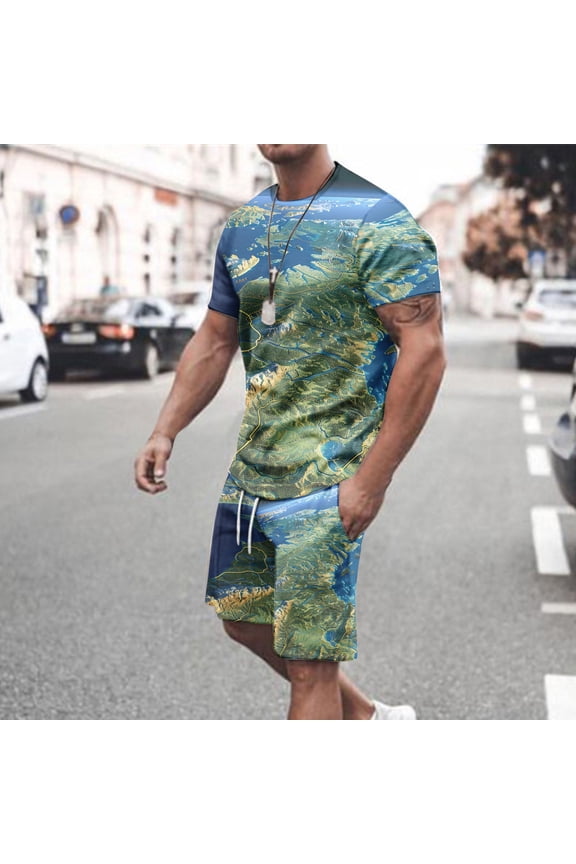 2 Piece Sets for Men Novelty Map Print Short Sleeve Shirts Matching Casual Drawstring Shorts with Pockets Tracksuits Big and Tall Loose Jogger Outfits Lightning Sales Today Navy M
