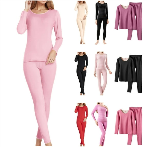 BiZtdJrK 2 Piece Sets Underwear for Women Warm Fleece Lined Long Sleeve Shirts and Tight Leggings Base Layer Johns Outfits, Pink, L