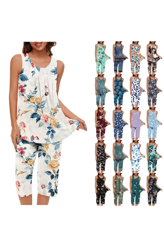 2 Piece Sets for Women Casual Sleeveless Tank Tops and Cropped Pants Lounge Set Trendy Print Pleated Crewneck Shirts Capris Sleepwear Suits Back to College Sale Purple XXL