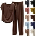 thumbnail image 1 of BiZtdJrK 2 Piece Sets Women Short Sleeve V Neck Shirts Matching Casual Drawstring Trousers Lounge Set Soild Color Pajamas Outfits Blue M, 1 of 7