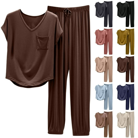 BiZtdJrK 2 Piece Sets Women Short Sleeve V Neck Shirts Matching Casual Drawstring Trousers Lounge Set Soild Color Pajamas Outfits Blue M