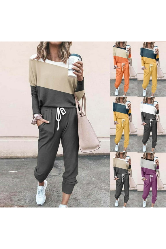 2 Piece Sets for Women Colorblock Long Sleeve Tops and Sweatpants Set Lightweight Jogger Tracksuits with Pockets Gray M
