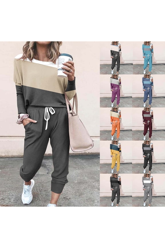 2 Piece Sets for Women Colorblock Long Sleeve Tops and Sweatpants Set Lightweight Jogger Tracksuits with Pockets Khaki L