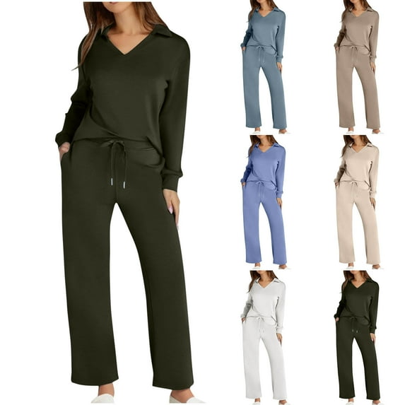 BiZtdJrK 2 Piece Travel Outfits for Women Lapel V Neck Long Sleeve Tops and Drawstring Pants Casual Sets Lightweight Stretch Sweatsuits with Pockets Brown XL