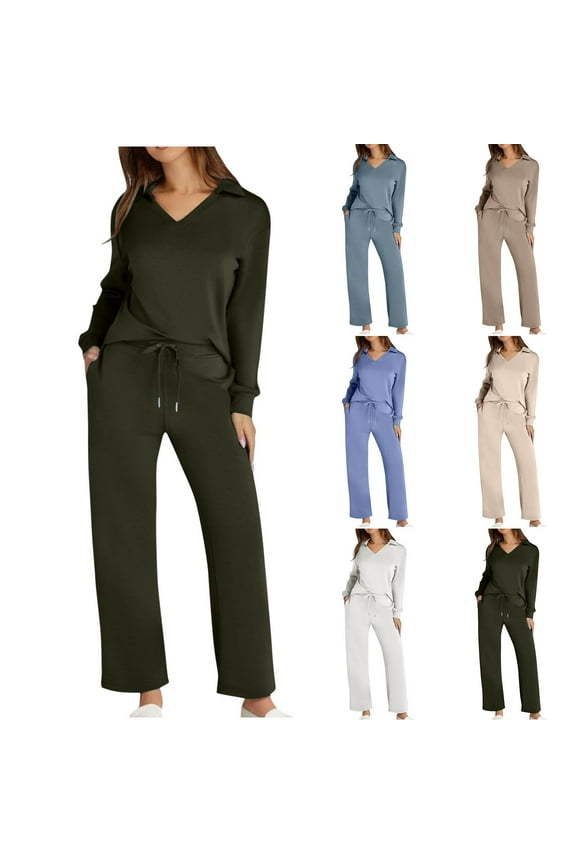 2 Piece Travel Outfits for Women Lapel V Neck Long Sleeve Tops and Drawstring Pants Casual Sets Lightweight Stretch Sweatsuits with Pockets Khaki XXL