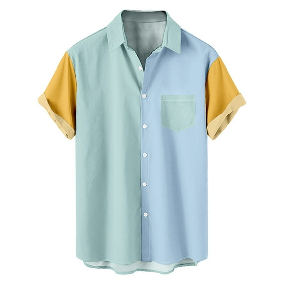 BiZtdJrK 2024 Big and Tall Shirts for Men Summer Button Down Lapel Beach Blouses Trendy Color Block Short Sleeve Slim Fit Shirt with Pocket Deals of The Day Lightning Deals Today Prime Outdoor Blue L