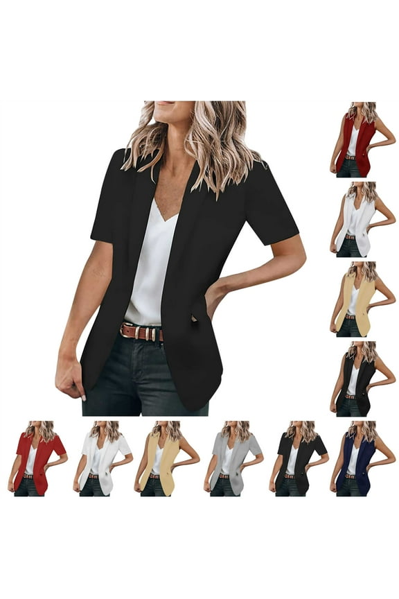 2025 Summer Blazers for Women Short Sleeve Lapel Suit Jackets Lightweight Casual Button Open Front Business Blazer with Pockets Ofertas Flash White M