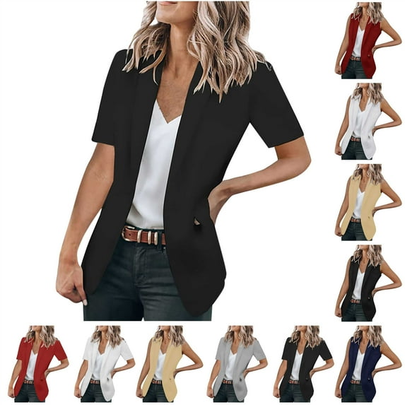 BiZtdJrK 2025 Summer Blazers for Women Short Sleeve Lapel Suit Jackets Lightweight Casual Button Open Front Business Blazer with Pockets Vacation Sale Black XXL
