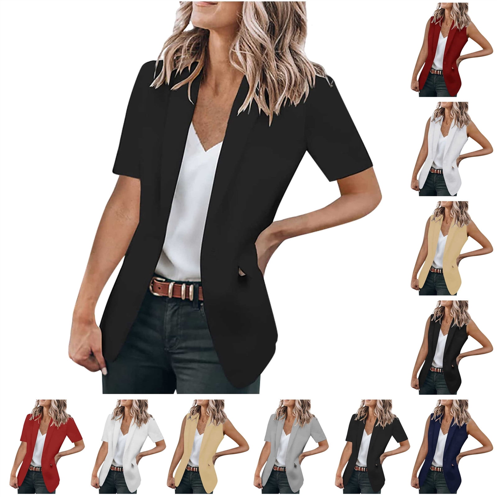Women Khaki Shoulder Padded Casual Blazer Lapel Half Sleeve Jacket Tide Spring Autumn