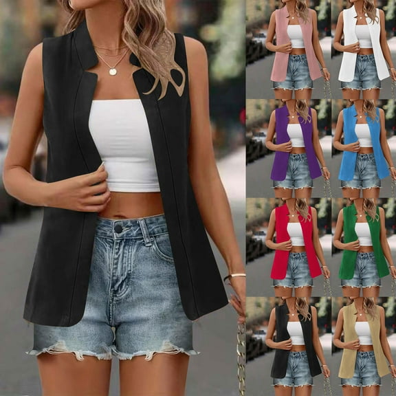 BiZtdJrK 2025 Summer Sleeveless Blazer Jackets for Women Lightweight Casual Open Front Work Office Vest Tops Solid Business Cardigan Todays Daily Sales Clearance White M