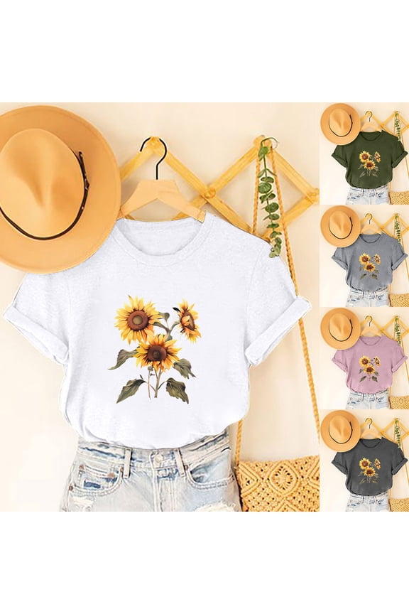 Summer Top for Women Sunflower Graphic Tees Teen Girls Cute Print T-Shirt White S