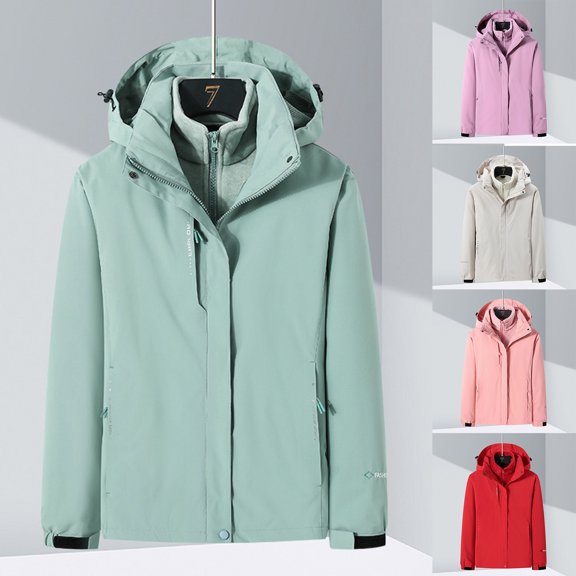 BiZtdJrK 3 in 1 Waterproof Ski Jacket for Women, 2025 Winter Warm Inner Fleece Snow Coat Outdoor Hooded Windproof Rain Jackets with Pockets Today Prime Sales Red XL