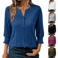 thumbnail image 1 of BiZtdJrK 3/4 Length Puff Sleeve Womens Sweaters Casual Button V Neck Henley Shirts Solid Color Pullover Blouse Going Out Tops, White, M, 1 of 5