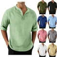 thumbnail image 1 of BiZtdJrK 3/4 Length Sleeve Mens Shirts Casual Button Up V Neck Henley Shirt Fall Solid Color Hippie Tops Fall Clothes, Green, M,, 1 of 8