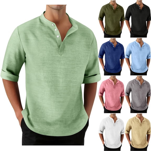 BiZtdJrK 3/4 Length Sleeve Mens Shirts Casual Button Up V Neck Henley Shirt Fall Solid Color Hippie Tops Fall Clothes Green XXXL