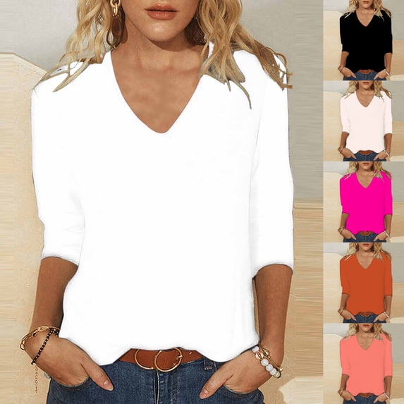 BiZtdJrK 3/4 Sleeve T Shirts for Women V Neck Loose Fit T Shirt Dressy Casual Tunic Tops Solid Fall Blouse Birthday Gift Hot Pink M