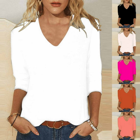 BiZtdJrK 3/4 Sleeve T Shirts for Women V Neck Loose Fit T Shirt Dressy Casual Tunic Tops Solid Fall Blouse White S