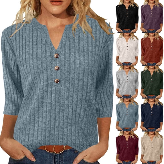 BiZtdJrK 3/4 Sleeve Tops for Women Ribbed Knit Button V Neck Pullover Sweaters Solid Loose Casual Tunic Tops Teen Girls Clothes, Orange, M