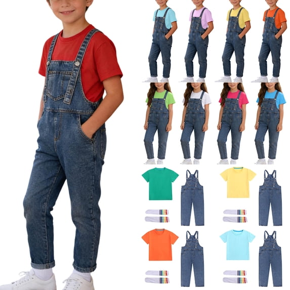 BiZtdJrK 3 Piece Outfits for Kids Short Sleeve Cotton Basic Tees Solid Color Jean Jumpsuits Matching Knee High Socks Sets Pink 3 Years