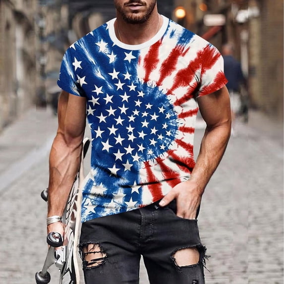 BiZtdJrK 4th of July Shirts for Men Patriotic American Flag Printed Short Sleeve Summer T Shirt Novelty Graphic Holiday Party Tee Tops Dark Blue M