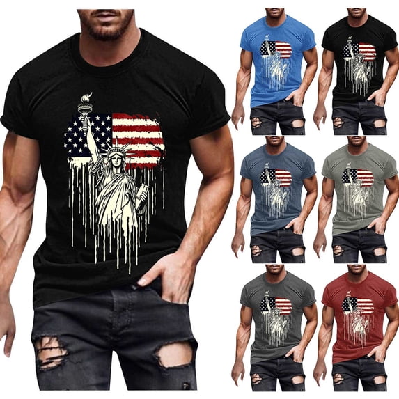 BiZtdJrK 4th of July T Shirt for Men Short Sleeve Novelty Print Tshirts Big and Tall Patriotic Tees Blue XXL