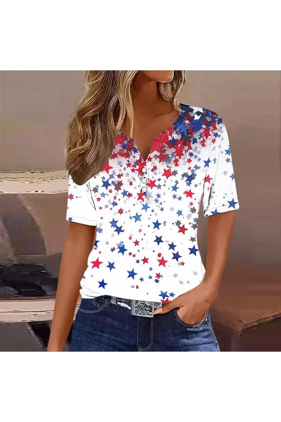 4th of July Tees for Women Button V Neck American Flag Printed Summer Tshirts Short Sleeve Patriotic Tee Tops Birthday Gift Red XL