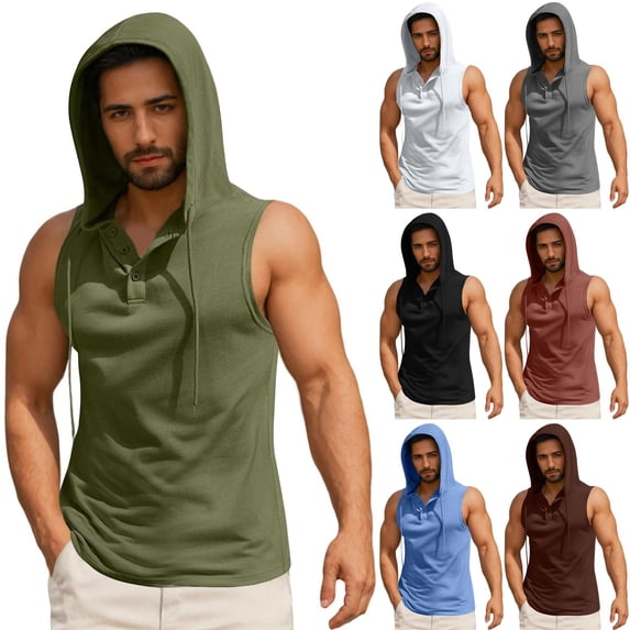 BiZtdJrK 50% Percent off Sales Today, Men's Workout Hooded Tank Tops Sleeveless Gym Cotton Vest Hoodies Muscle Fit Cut Off Shirt Solid Casual Button V Neck Henley Shirts Brown M