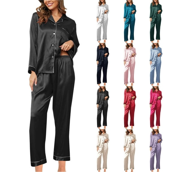 BiZtdJrK Silk Satin Pajamas Set for Women Fashion Stripe Loungewear 2 Piece Outfits Long Sleeve Button Down Nightwear Shirts Matching Long Pants Sets Light Blue XXL