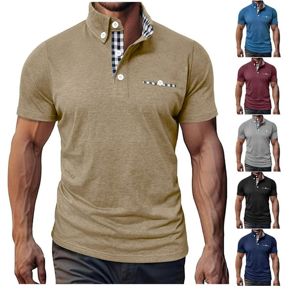 BiZtdJrK 90% off Clearance Sale, Polos Shirts for Men Fashion Plaid Patchwork Collared Golf Shirt 2025 Summer Casual Short Sleeve T Shirt Solid Button Down Pullover Tops Blue XXL
