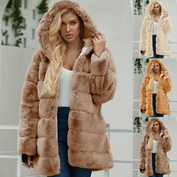 BiZtdJrK 90 Off Clearance Sale Winter Coats for Women Warm Thick Faux Fur Coat Big Hooded Parka Overcoat Plus Size Long Sleeve Open Front Fluffy Windbreaker Jacket Brown XL