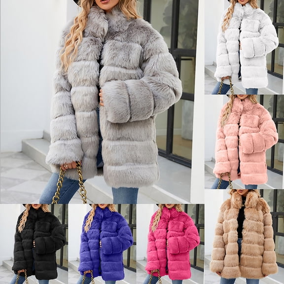 BiZtdJrK 90 Percent Off Clearance Sale Women's Faux Fur Coat Shearling Fluffy Fuzzy Shaggy Long Sleeve Sherpa Winter Lined for Warmth Stand Collar Fleece Jacket Gray 3XL
