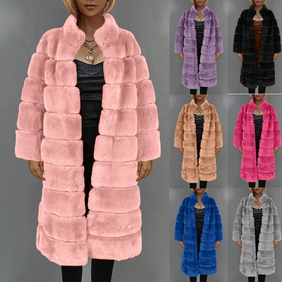 BiZtdJrK 90 Percent Off Clearance Sale Womens Faux Fur Long Jackets Winter Open Front Long Sleeve Lapel Coats Thermal Padded Fuzzy Fleece Warm Outerwear 2024 Khaki L