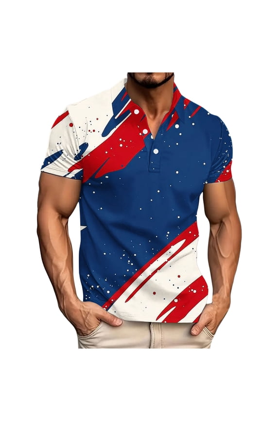 American Flag T Shirts for Men Button Lapel Neck Short Sleeve Graphics T Shirt July 4th Patriotic Tee Tops Blue XL