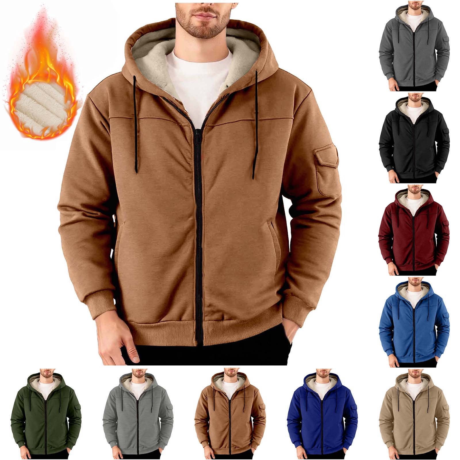 BiZtdJrK Army Green Mens Sherpa Lined Hoodie Jackets Winter Thermal Full Zip Hooded Sweatshirt with Pockets L