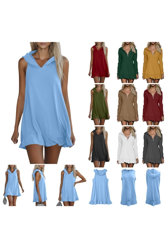 BiZtdJrK Army Green Womens Summer Mini Dresses Sleeveless Ruffle Hooded Tank Tops Solid Color Tennis Golf Athletic Hoodies Sundress XL