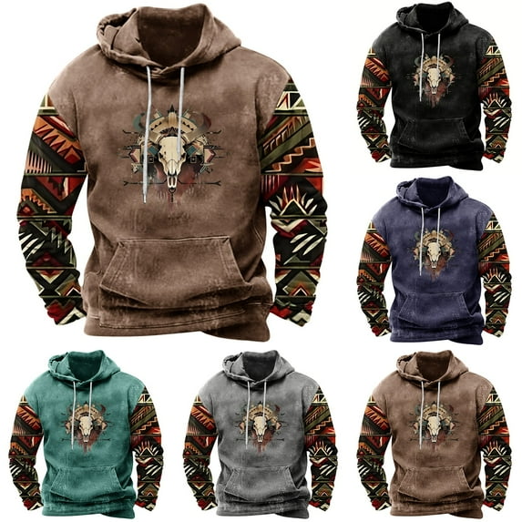 BiZtdJrK Aztec Hoodie for Mens Western Cowboy Bull Skull Print Long Sleeve Sweatshirt Fashion Country Ethnic Oversized Pullover with Pocket 90 Percent Off Clearance Sale Black M
