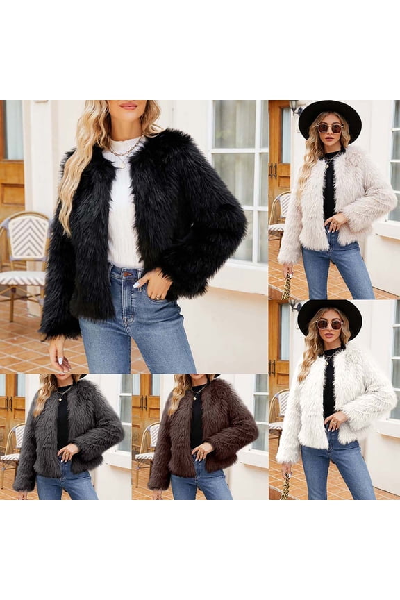 Back To College Sale Women Faux Fur Jacket Cropped Shaggy Fuzzy Teddy Jackets 2024 Winter Fashion Long Sleeve Open Front Cardigan Coats Beige M
