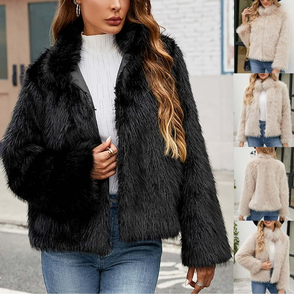 BiZtdJrK Back To College Sale Womens Faux Fur Coat Long Sleeve Cropped Fleece Open Front Short Jacket Outerwear Winter V Neck Plush Warm Padded Coats 2024 Black S