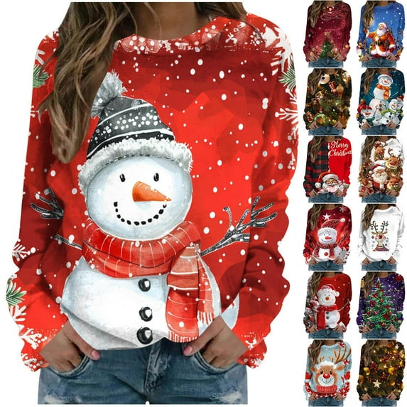 BiZtdJrK Back to College Sales Womens Christmas Sweatshirt Cute Reindeer Graphic Printed Long Sleeve Shirts Casual Round Neck Holiday Pullover Tops Blue L