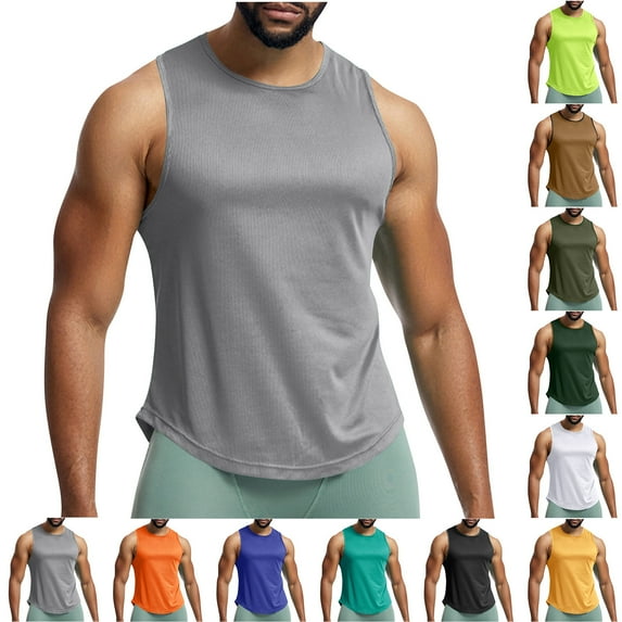 BiZtdJrK Back to School Prime Sales, Men's Tank Top Lightweight Mesh Breathable Sleeveless Workout Shirts Solid Casual Crew Neck Muscle Fit Tee Shirt Gray XXL
