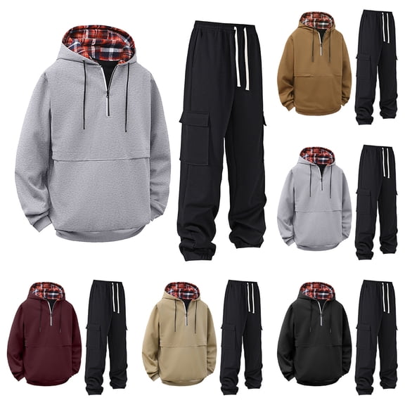 BiZtdJrK Baggy Athletic Sets for Men Drawstring Fashion Street Tracksuits 1/4 Zip Long Sleeve Hoodie and Cargo Sweatpants 2 Piece Outfits with Pockets Khaki S