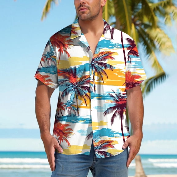 BiZtdJrK Beach Shirts for Men Tropical Floral Print Vacation Summer Shirts Big and Tall Lapel Short Sleeve Button Down Shirt Multicolor S