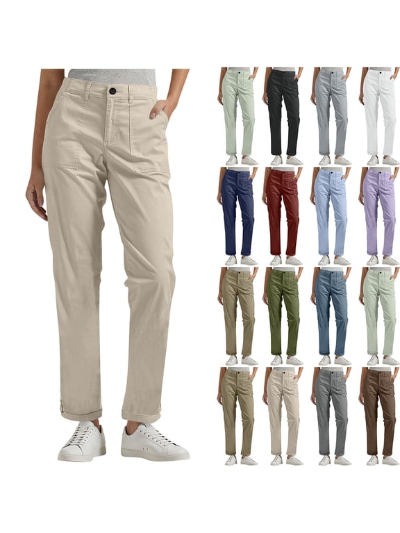 BiZtdJrK Beige Women's Straight Leg Cargo Pants High Waist Dressy Casual Twill Chino Slacks Solid Color Button Down Work Trousers with Pockets