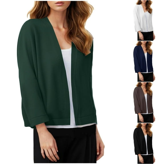 BiZtdJrK Best Sales Today Women's 3/4 Sleeve Open Front Cropped Cardigans Sweaters Solid Color Elegant Shrugs Tops 2024 Fall Fashion Bolero Coffee XL