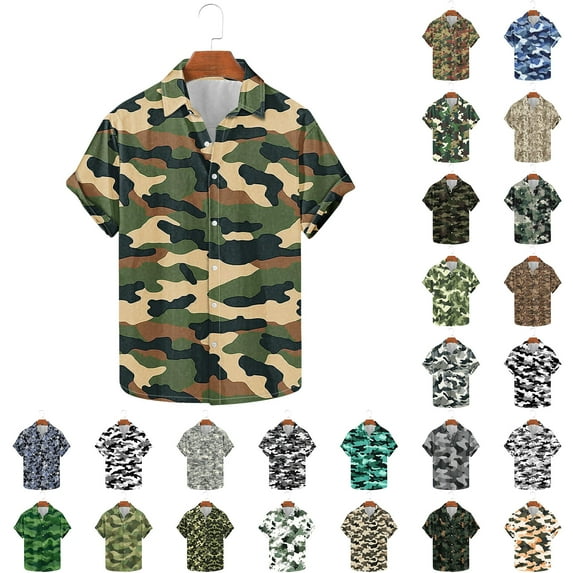 BiZtdJrK Mens Summer Short Sleeve Button Down Shirts Fashion Camo Graphic Hawaiian Shirts Casual Lapel Vacation Beach Tops Tropical Shirt White M