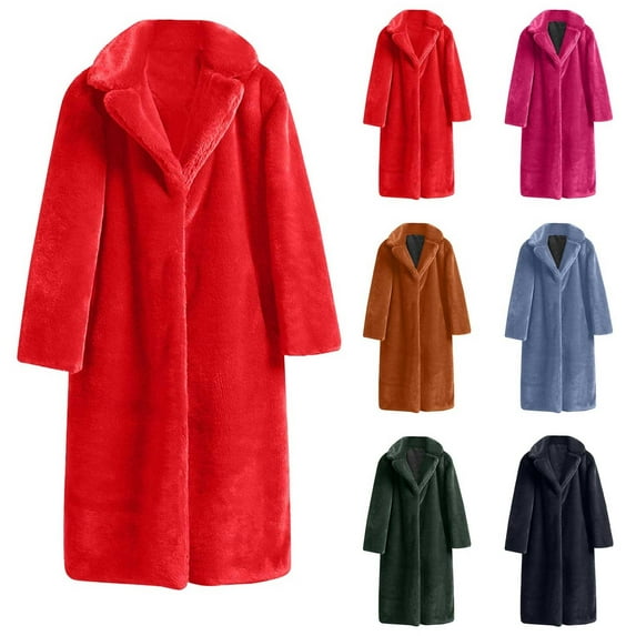 BiZtdJrK Women's Faux Fur Coat Winter Warm Fuzzy Fleece Long Jackets Solid Casual Lapel Cardigan Outerwear Plus Size Overcoat Red XXXL